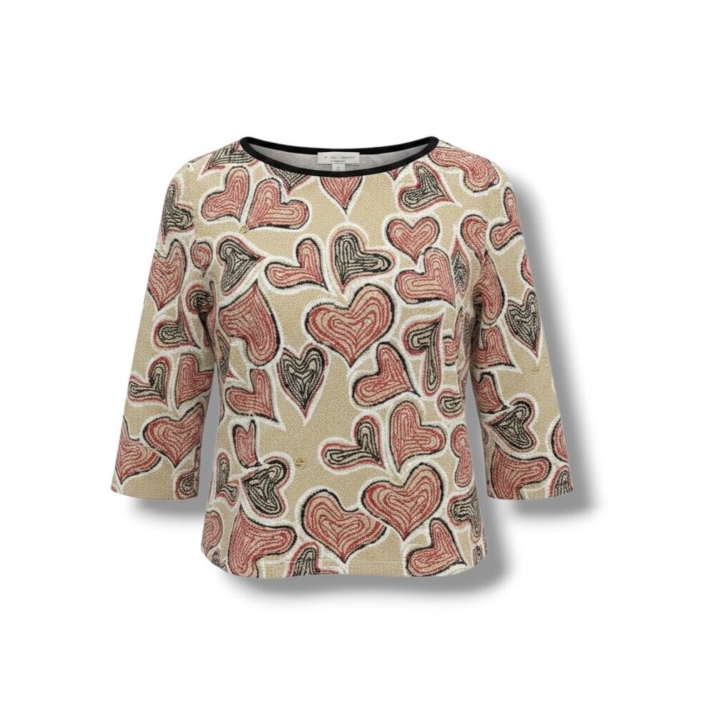 St John Sport by Marie Gray Heart Print Metallic Knit Top Womens Size L USA